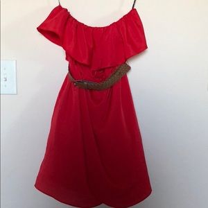 Strapless red flowy dress